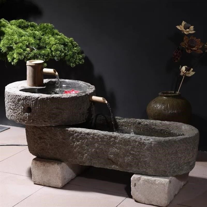 老旧石槽鱼缸鱼池造景石缸养鱼户外庭院石磨青石马槽流水景观摆件