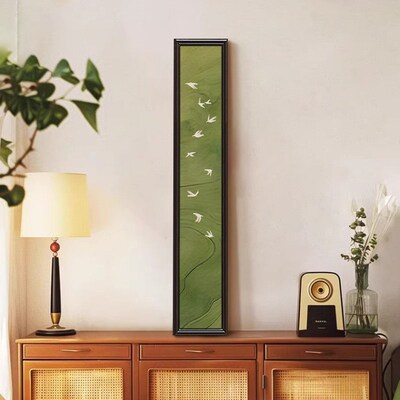 法式中古风软装窄长o条玄关装饰画入户门口墙面挂画高级感绿色壁