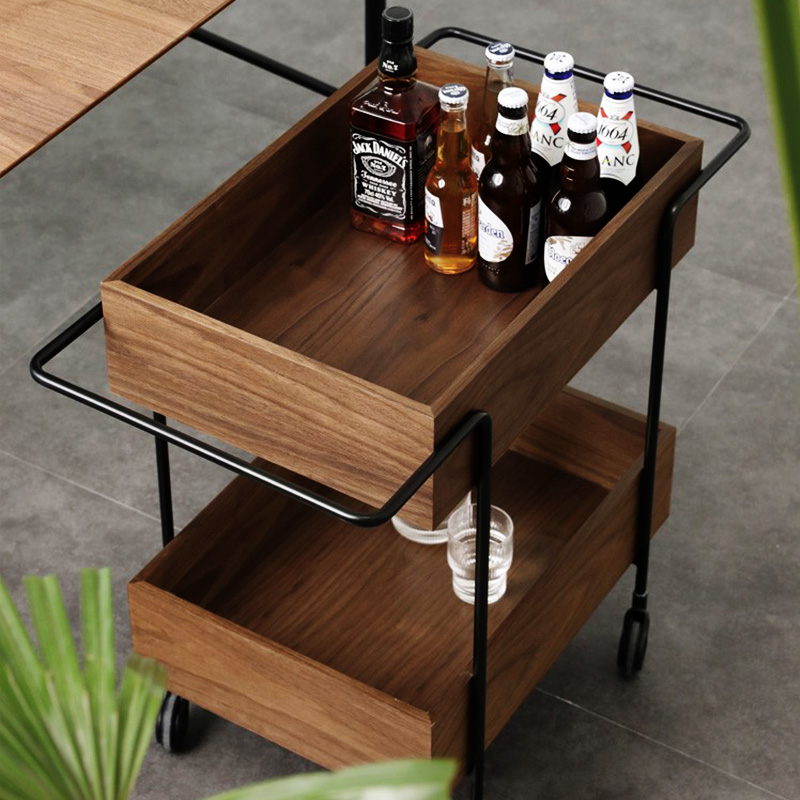 中古餐边几移动置物架边几胡桃木色沙发边柜双层架家用收纳小餐车