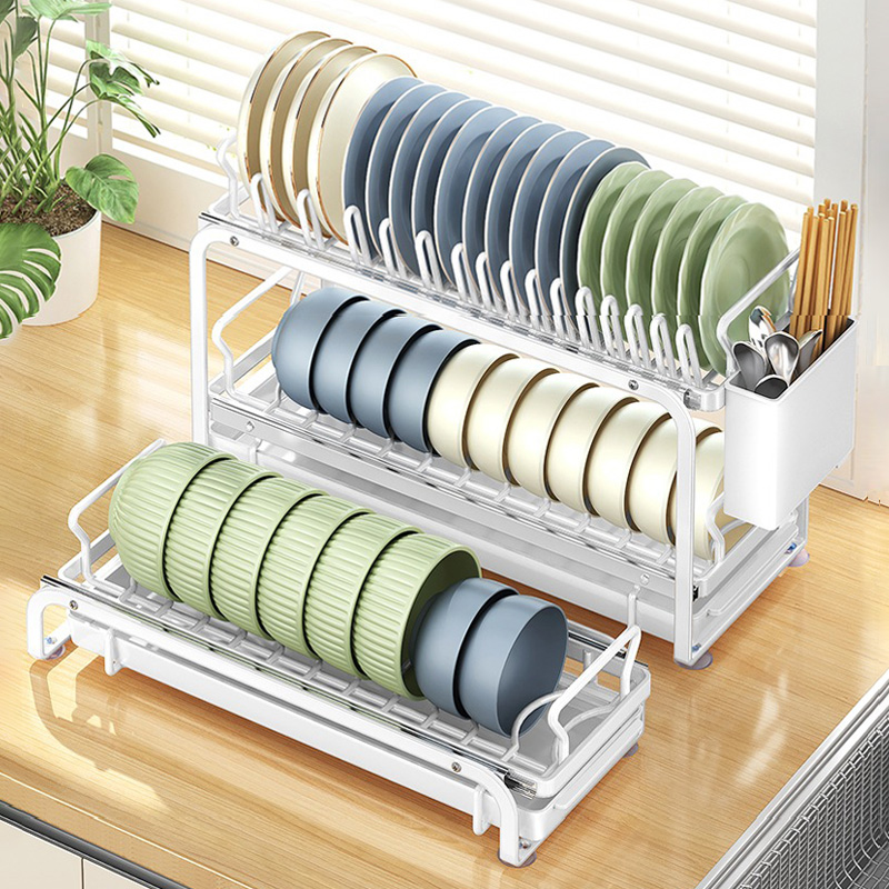 厨房碗碟收纳层架整体橱柜内置抽拉碗架置物架分隔拉篮免安装沥水