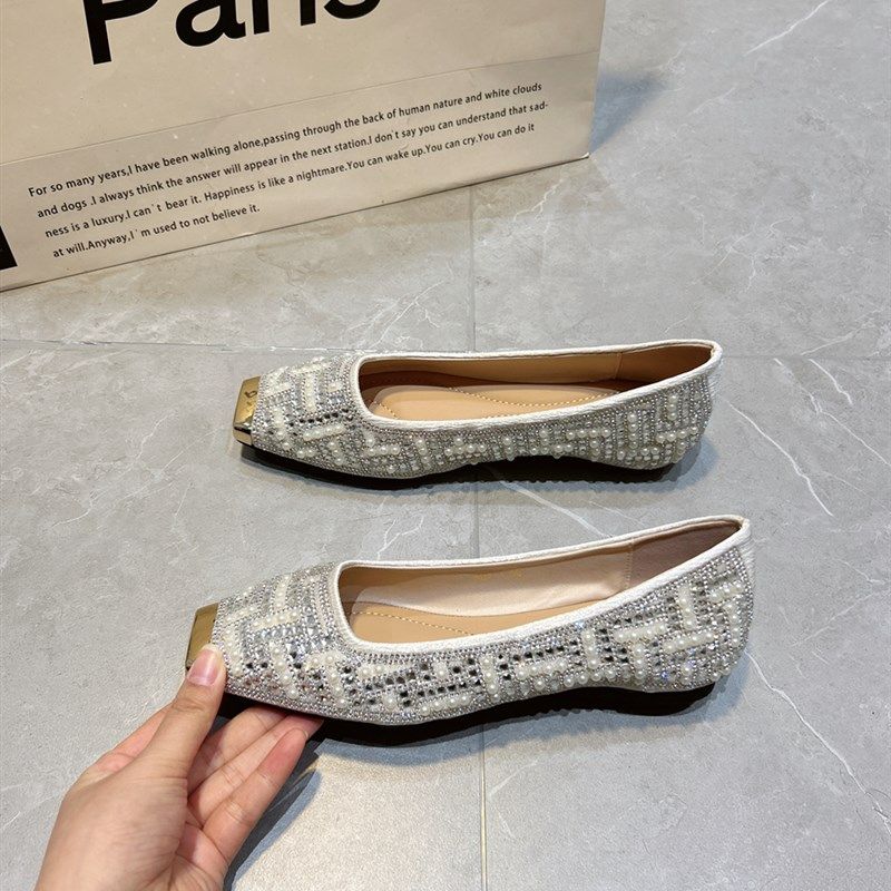 平底水钻单鞋女浅口一脚蹬方头豆豆鞋金属头内增高低跟鞋珍珠女鞋,女鞋,浅口单鞋,淘宝优惠券,粉丝福利购,淘宝优惠卷