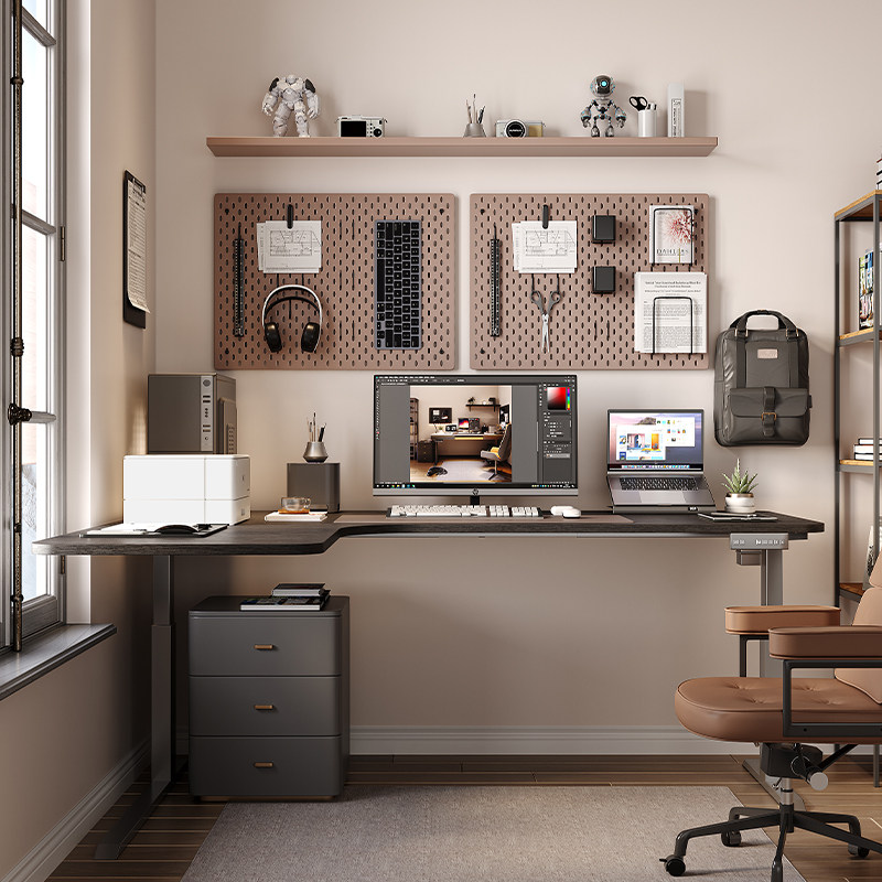 黑色转角电动升降学习书桌l型拐角实木办公桌书房家用定制电脑桌