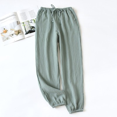 日系情侣睡裤纯棉纱布男女家居裤夏秋双层绉布长裤收口束脚防蚊裤