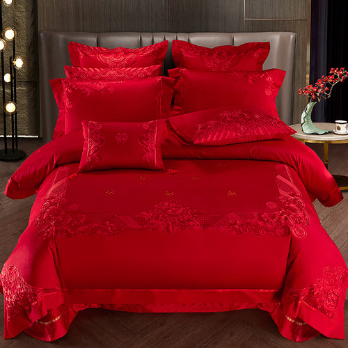 140s支全棉婚庆四件套大红色喜被子F结婚六十件套刺绣婚房床上用