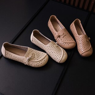 女平跟防滑一脚蹬单鞋 软皮软底妈妈鞋 镂空透气洞洞凉鞋 款 Z221 夏季
