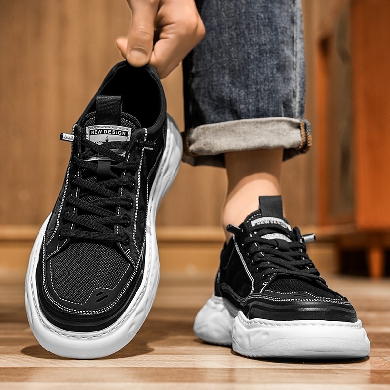 夏季男鞋透气薄款白底黑面网鞋网面厚底板鞋免系鞋带休闲布鞋男款