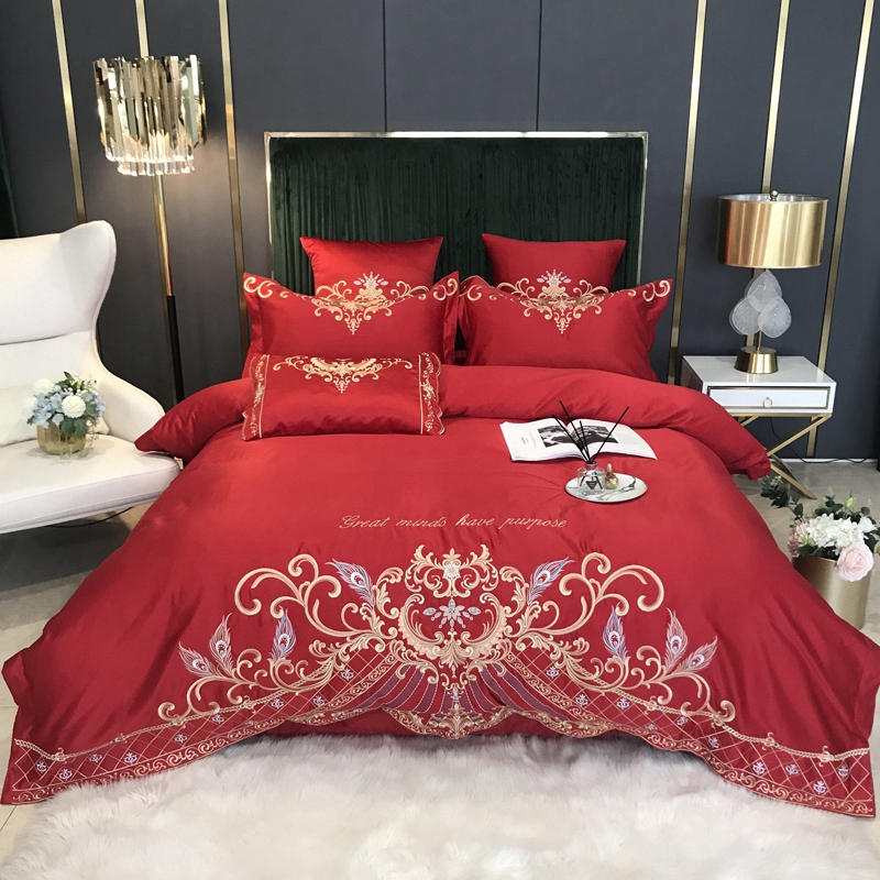 高档奢华欧式刺绣l婚庆四件套纯棉被套全棉大红色结婚床单床上用