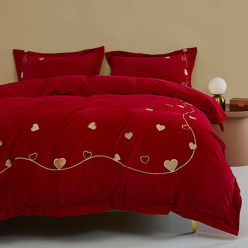 冬季结婚!大红色婚庆绣花四件套加厚保暖婚礼爱心婴X儿绒床上用品