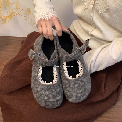 复古圆头平底毛毛单鞋女秋冬季
