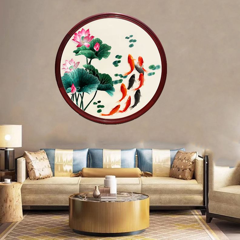 手工刺绣挂画九走廊玄关成品鱼圆形尽头荷花苏州客厅装饰画图片