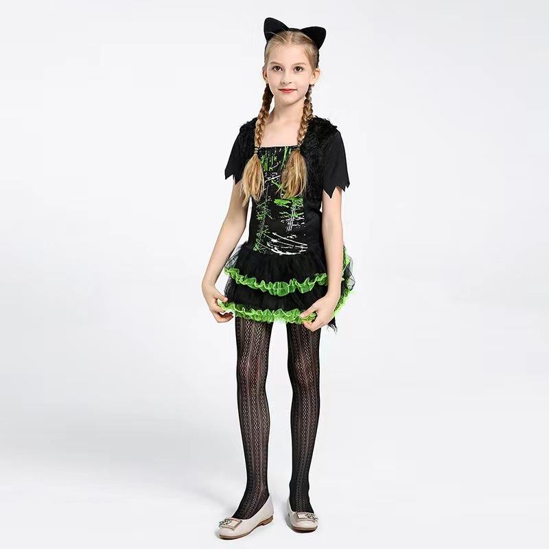 儿童万圣节暗夜猫女孩装扮公主裙学校话剧表演舞会服饰