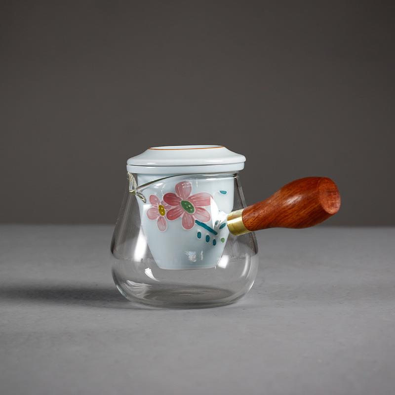 堆雕手绘玻璃木把侧把壶不锈钢过滤煮茶壶陶瓷家用茶水分离泡茶壶