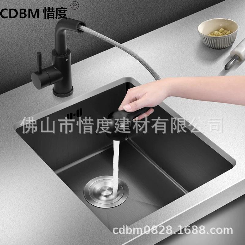 304不锈钢手工水槽单槽水斗纳米黑吧台小户型40*30含抽拉龙头套装