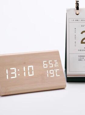 亚马逊电子闹钟 床头小闹钟声控夜光儿童钟木头钟LED数字时钟