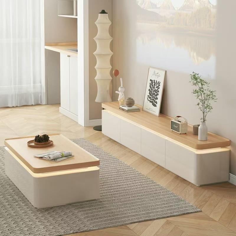 fLE伊阳奶油风客厅家用落地电视柜茶几组合实木茶几桌台小户型原