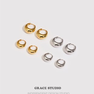 简约百搭r椭圆水滴耳圈欧美时髦休闲素圈耳扣金属耳饰 款 S经典