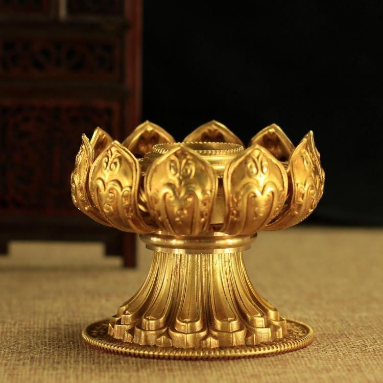 藏传法器用品 铜鎏金 手摇转经轮 莲花底座 单层 直径8.5cm