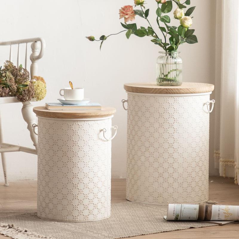 法式复古做旧铁艺收纳边几小户型客厅沙发储物角几奶油风实木桶凳