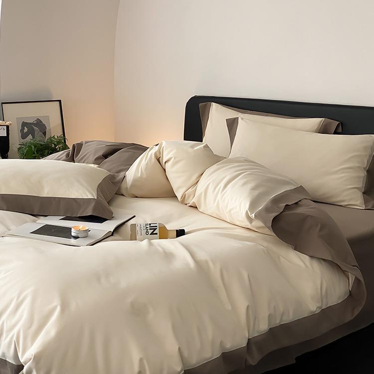 A类秋冬季全棉磨毛四件套轻奢风纯色加厚拼角被套床单床上用品1.8