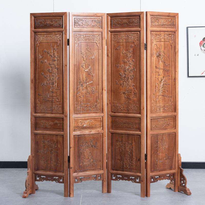 中式仿古隔断客厅办公室玄关实木折屏移动折叠屏风香樟木浮雕遮挡