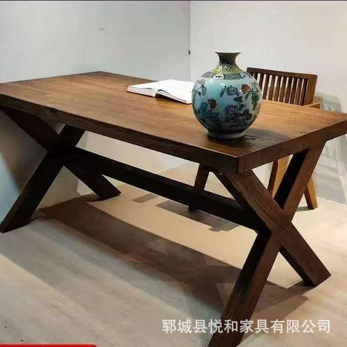 新中式老榆木餐桌椅组合实木酒馆复古长条桌民宿做旧喝茶桌学习桌