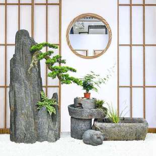 中式假山流水摆件庭院装饰落地喷泉石槽水池石头造景松树景观