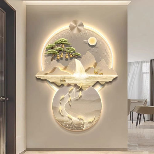 灯光画入户玄关装饰画有靠山流水生财九鱼图客厅挂画走廊过道壁灯