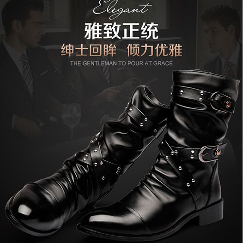 春秋季高帮皮鞋i男靴中筒韩版马丁靴男尖头英伦时尚加绒保暖皮靴
