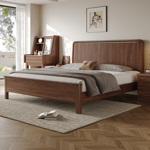 北美黑胡桃木全实木床1.8米现代简约主卧家具双人实木大婚床