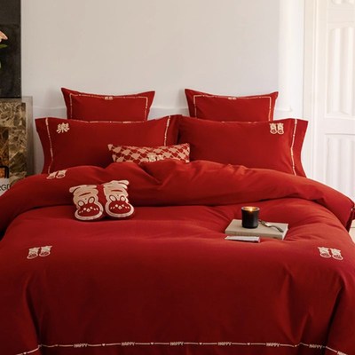 中式婚庆纯棉四件套结婚用100S长绒棉磨毛大红色被套陪嫁喜被床品