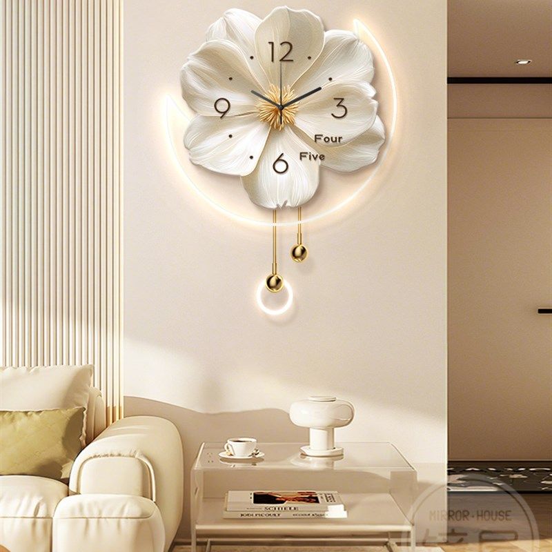 奶油风电视背景墙装饰画花卉钟表客厅挂钟壁灯高级感餐厅挂画时钟