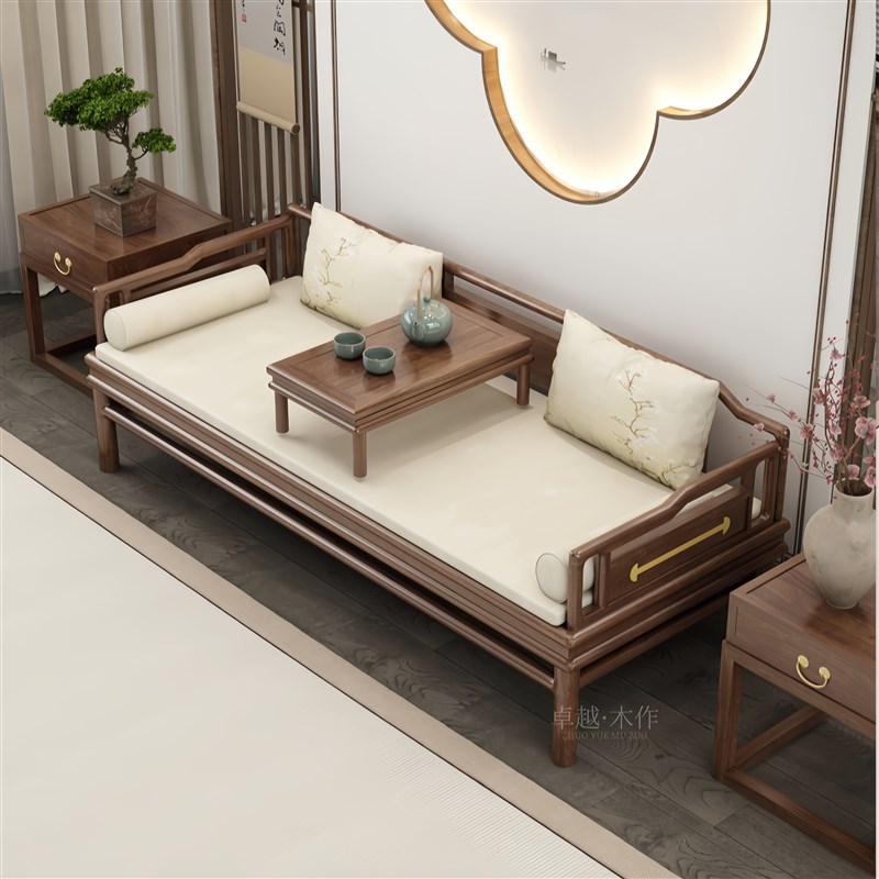 新中式罗汉床北美黑胡桃木小户型客厅实木推O拉沙发床白蜡木贵妃