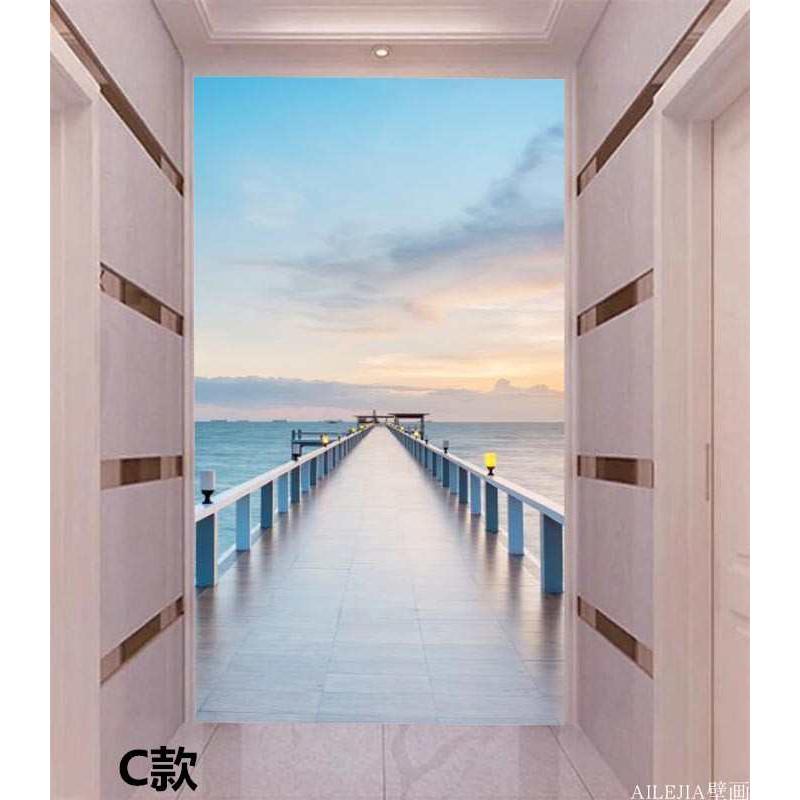 8d欧式玄关背景墙海景壁画3d立体延伸空间墙纸壁纸画过W道玄关5d