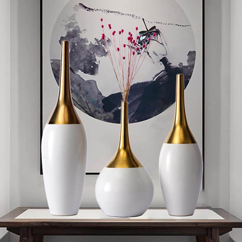 北欧陶瓷金色花瓶仿真插花干花别墅玄关样板房电视柜客厅家居摆件