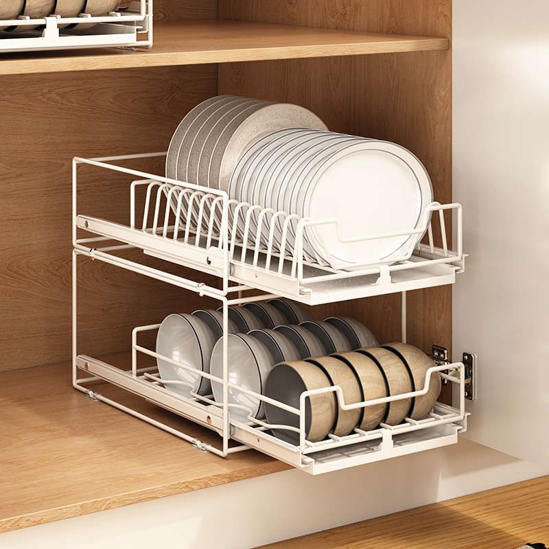 厨房抽拉碗碟收纳架橱柜t碗架拉篮抽屉式碗盘沥水架调味料收纳架