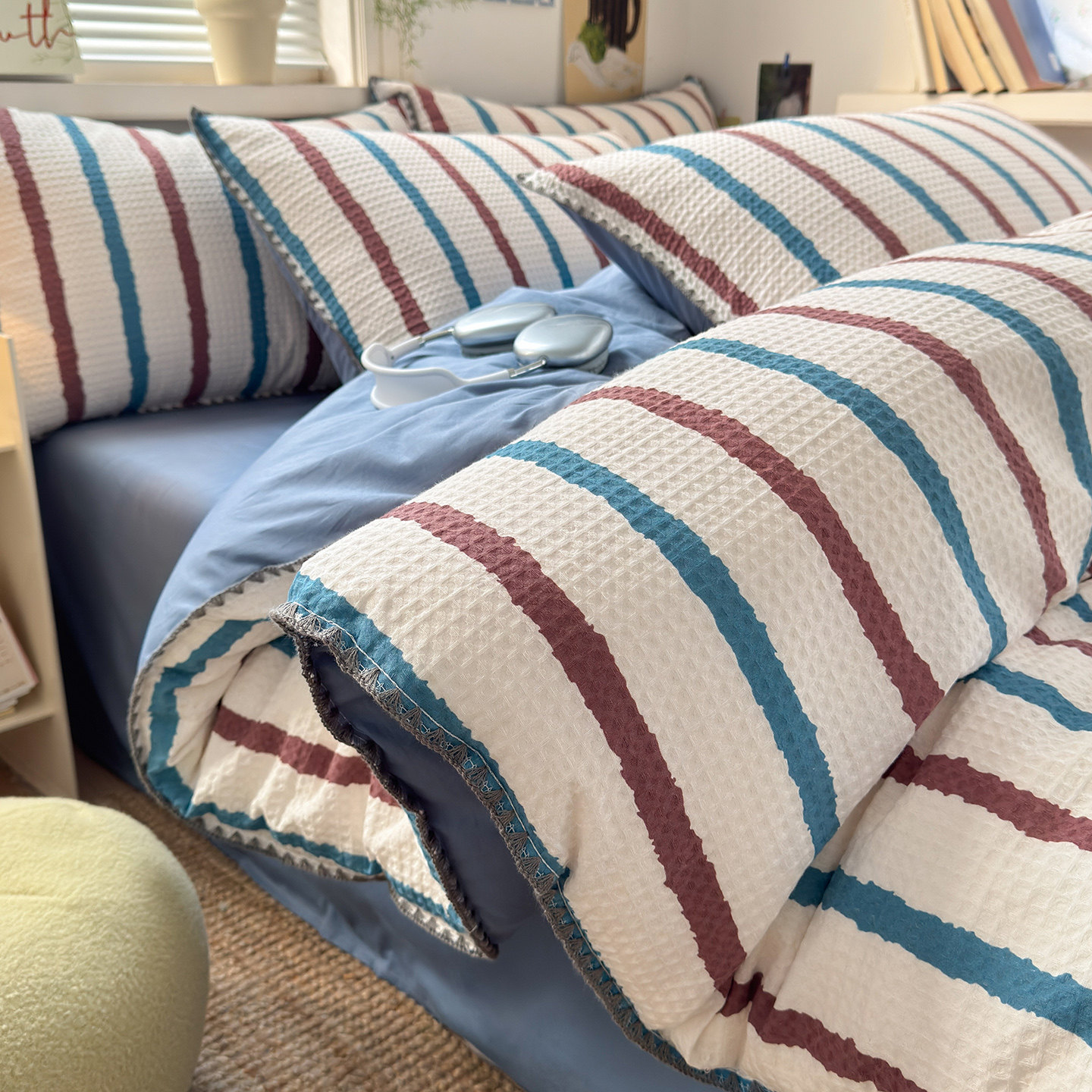 北欧全棉华夫格床上四件套100纯棉贝壳边条纹被套床品三件套床笠4,床上用品,床品套件/四件套/多件套,淘宝优惠券,粉丝福利购,淘宝优惠卷