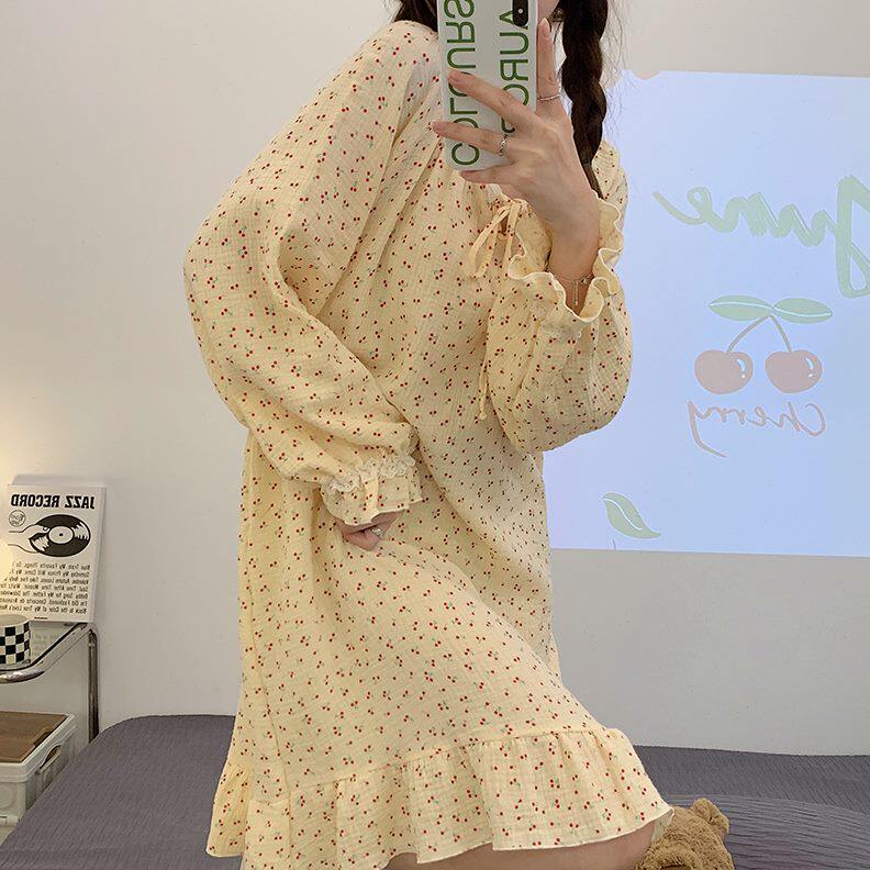 纯棉长袖秋碎花天睡衣裙2022季睡裙女子公主年新款连衣春秋款黄色