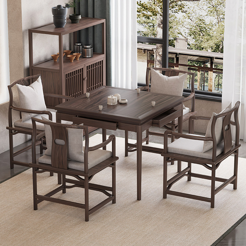 老榆木八仙桌棋牌桌实木正方形餐桌椅组合中式带抽屉一体打牌桌