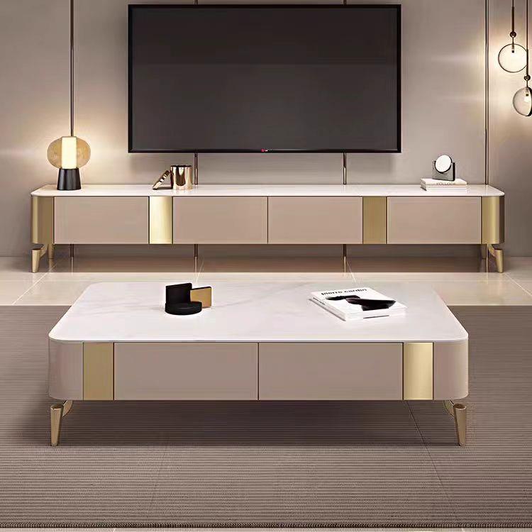 现代轻奢烤漆岩板长方形茶几电视柜组合金色茶几地柜茶几地柜组合