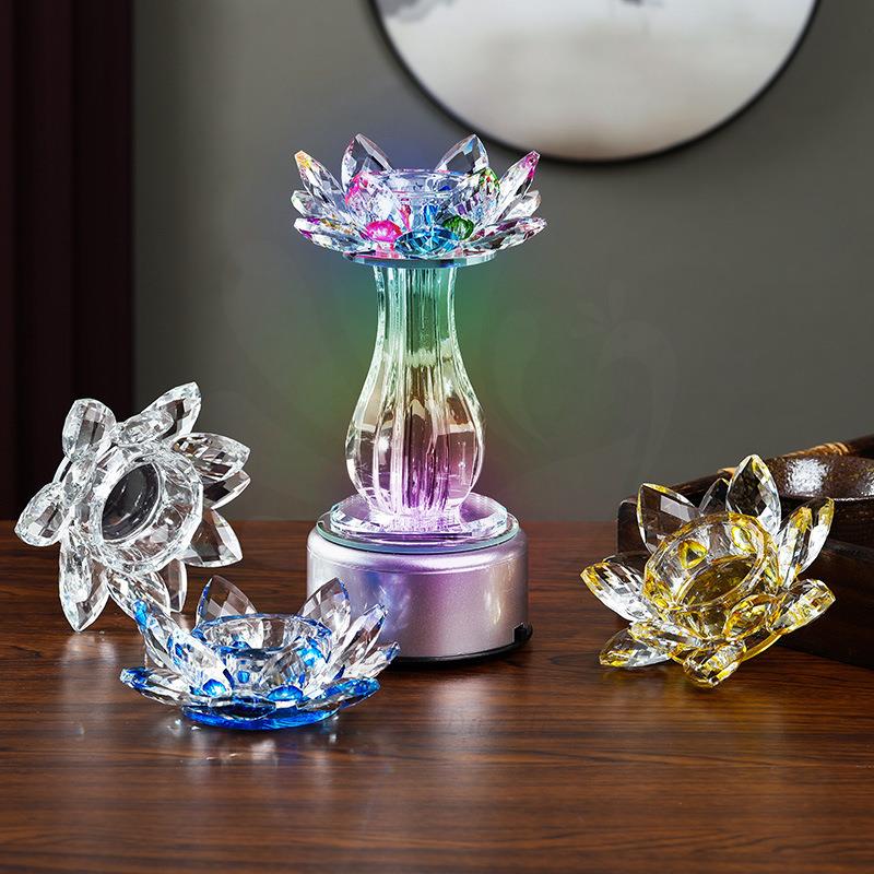 水晶玻璃工艺品莲花烛台带灯底旋转七彩客厅蜡烛台家用供灯摆件