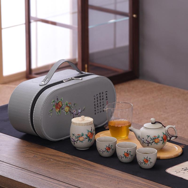 粗陶旅行茶具套装一壶三杯带玻璃茶海干泡盘外出露营车载易收纳