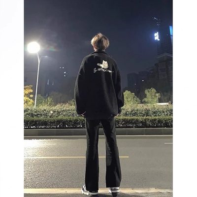 潮阔腿美式高街秋季儿童大童微喇牛仔裤直筒长裤女童男童黑色裤子