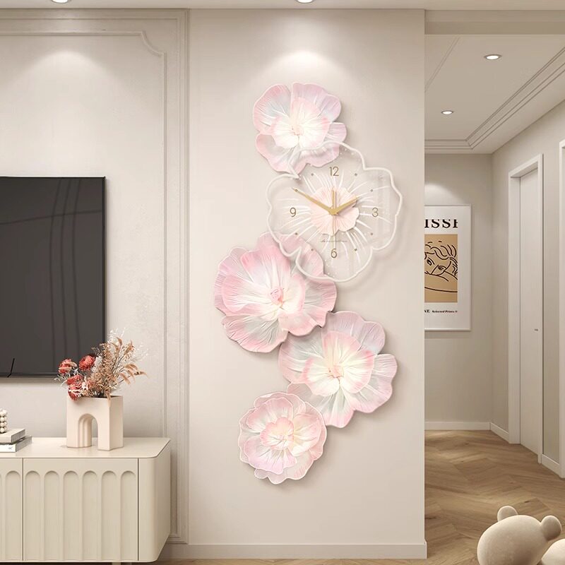 牡丹花电视背景墙装饰画入户玄关过道挂画高级感壁画钟表客厅挂钟