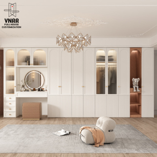 法式 玻璃门衣橱家用卧室平开门整体衣帽间定 化妆b台衣柜一体美式