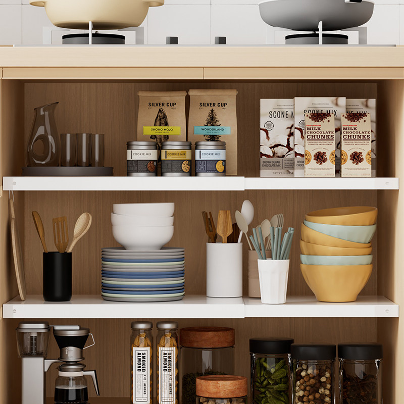 厨房柜子分层板置物架免打孔整体橱柜杂物收纳整理架下水道伸缩分