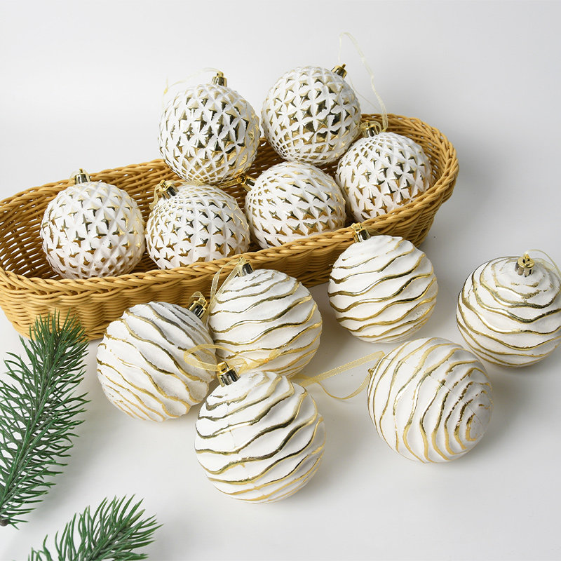 圣诞装饰品金白彩绘PVC塑胶8CM装饰球圣诞树挂饰场景布置吊球挂件
