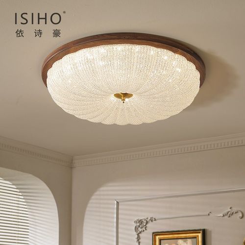 黑胡桃木卧室吸顶灯主卧书房灯原木风简约现代中古风led灯具新款