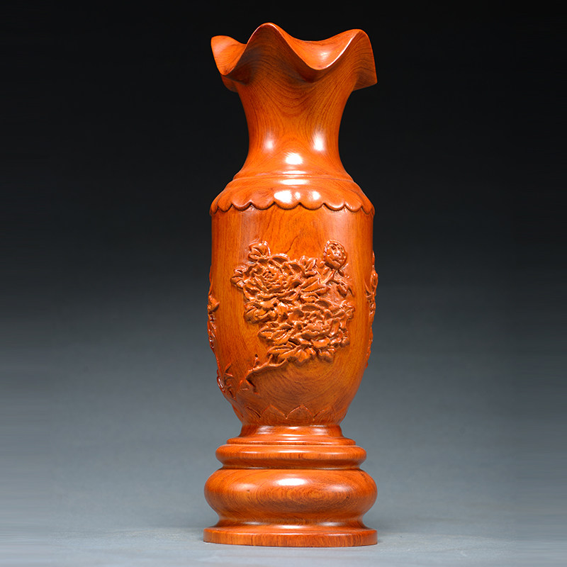 木雕花梨木装饰花瓶红木摆件实木家居客厅中O式大号插花雕刻工艺