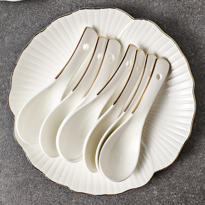 纯白陶瓷金边汤勺吃饭勺喝汤勺子家用调羹小勺餐厅U饭店商用喝汤