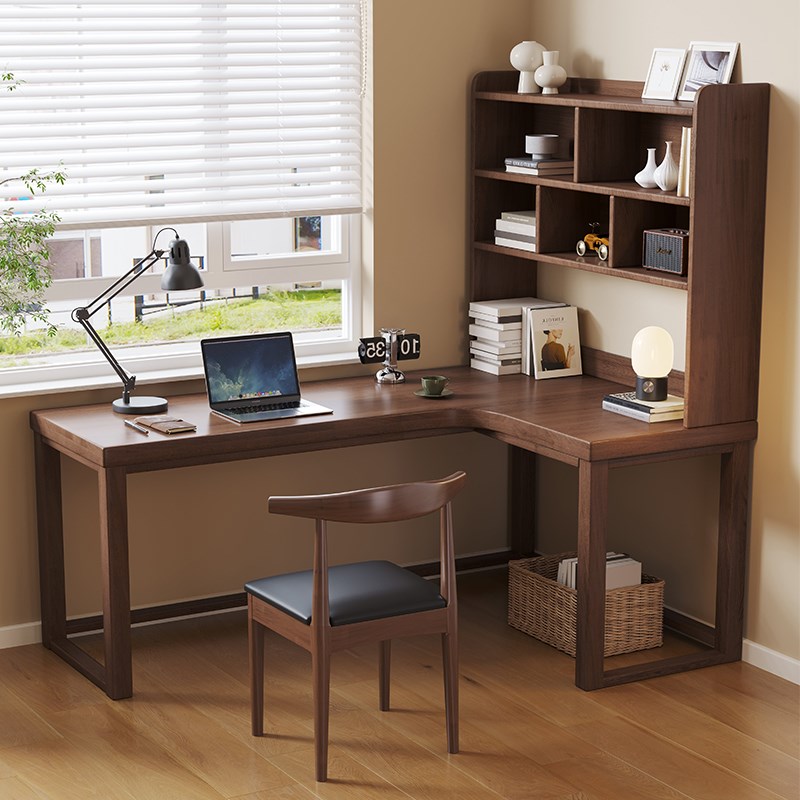 实木转角书桌书架一体桌L型电脑桌卧室拐角靠墙学习桌7字型办公桌